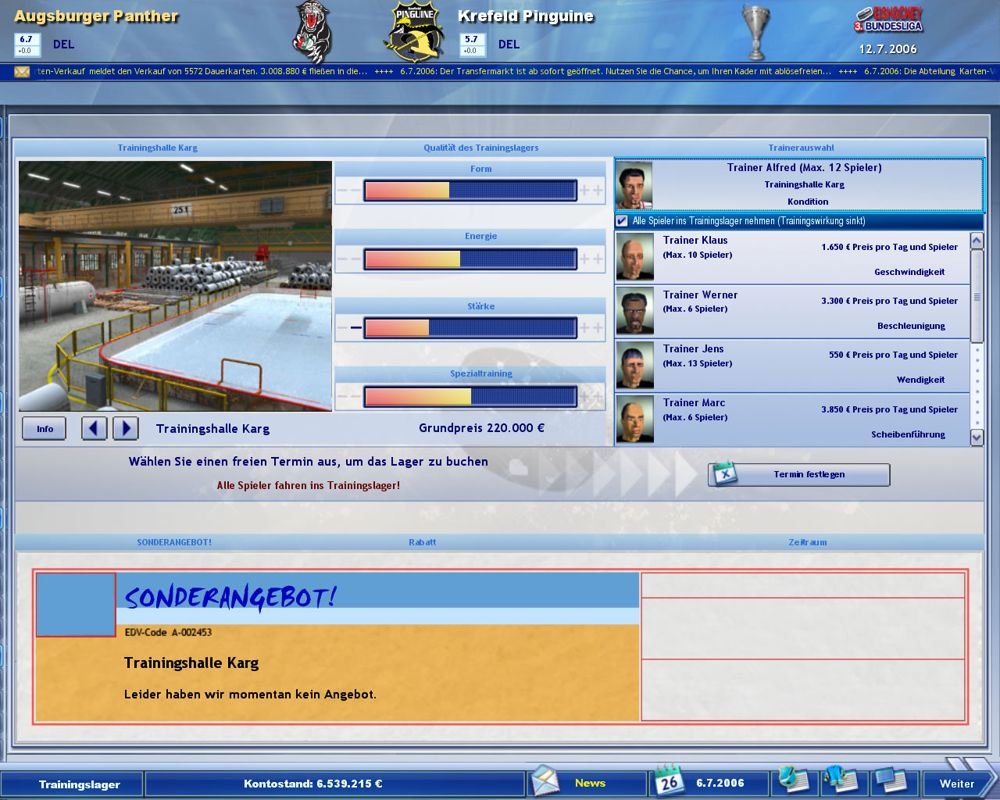 Heimspiel: Eishockeymanager 2007 (Windows) screenshot: Booking a training camp (demo version)