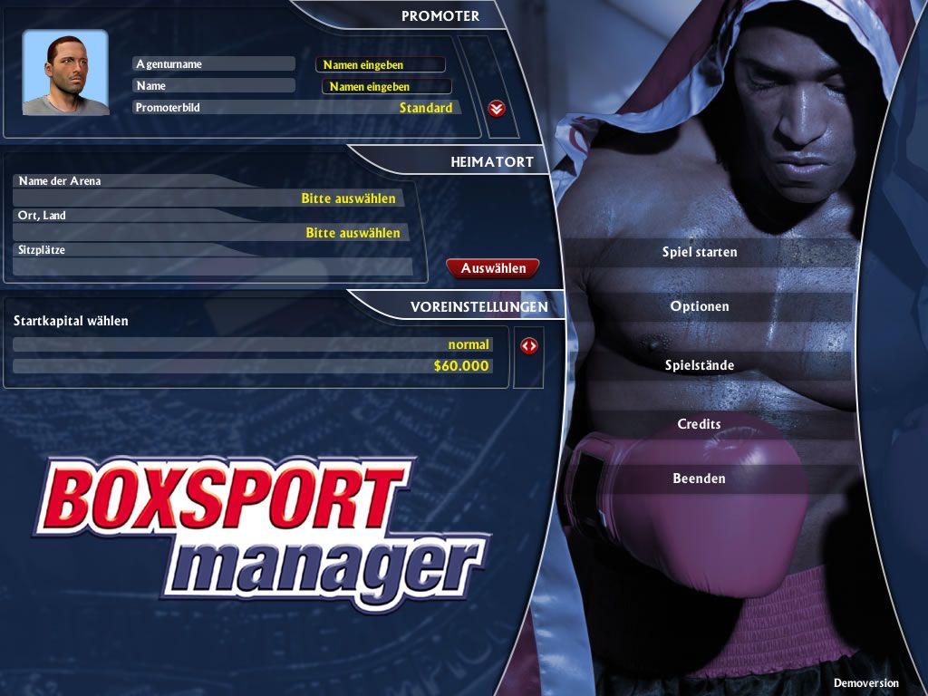 Boxing Manager (Windows) screenshot: Main menu (demo version)