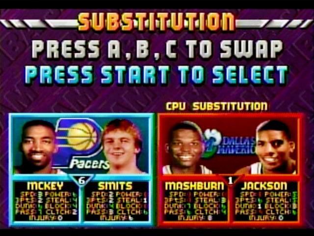 NBA Jam Tournament Edition (SEGA Saturn) screenshot: Sub other players from the team roster during quarters replacing injured players