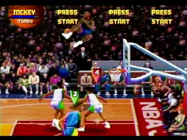 NBA Jam Tournament Edition (SEGA Saturn) screenshot: Getting major air time for the slam!