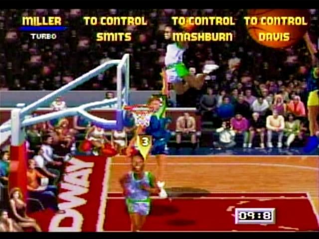 NBA Jam Tournament Edition (SEGA Saturn) screenshot: Getting some air for the slam!