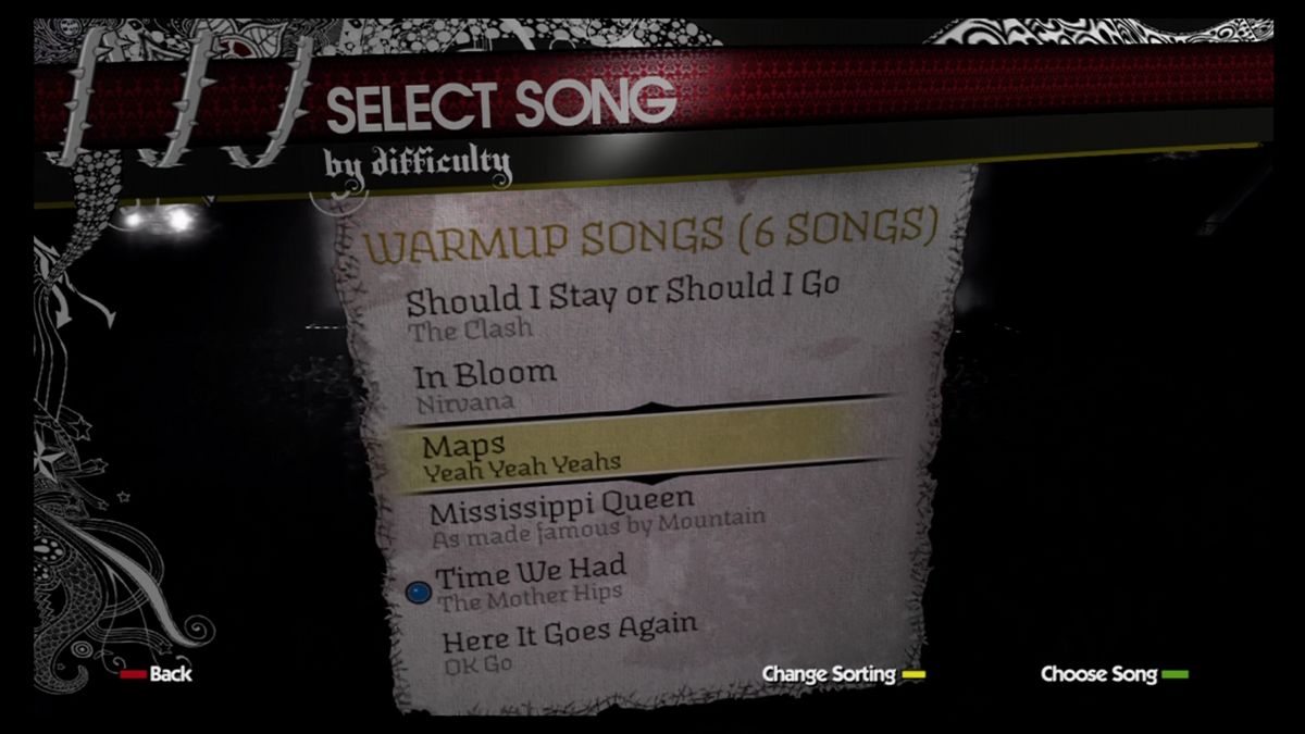 Rock Band (Xbox 360) screenshot: The setlist can be sorted by a number of filters.