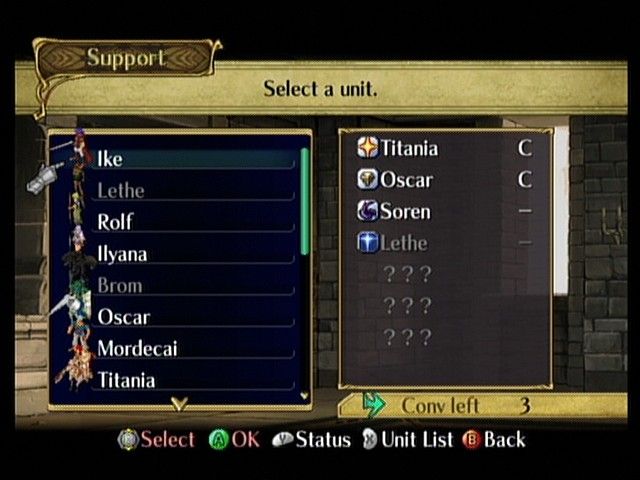 Fire Emblem: Path of Radiance (GameCube) screenshot: In Support, you can make characters talk to each other, for bonuses during gameplay.
