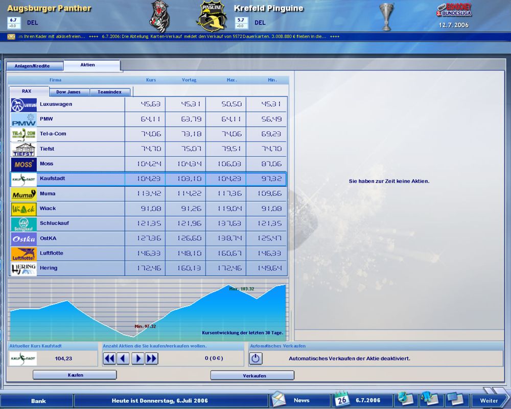 Heimspiel: Eishockeymanager 2007 (Windows) screenshot: Stock market (demo version)