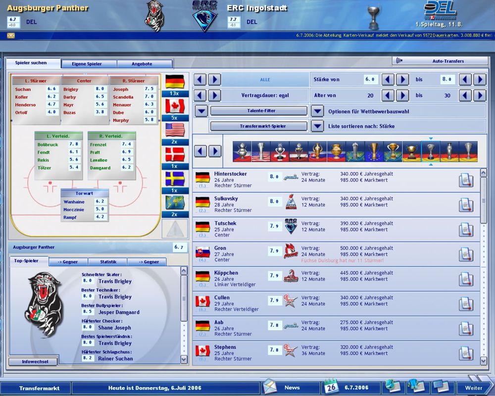 Heimspiel: Eishockeymanager 2007 (Windows) screenshot: Transfer market (demo version)