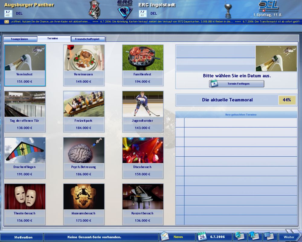 Heimspiel: Eishockeymanager 2007 (Windows) screenshot: Planning appointments like team parties (demo version)