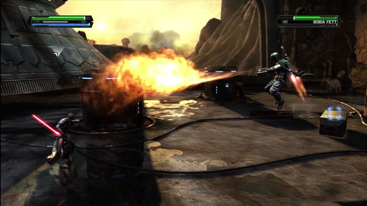Star Wars: The Force Unleashed - Ultimate Sith Edition (Xbox 360) screenshot: Boba Fett tries to stop you.