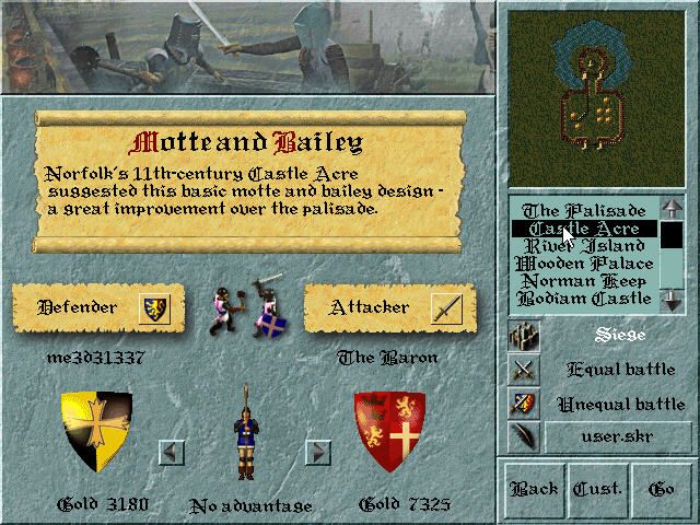 Lords of the Realm II: Siege Pack (Windows) screenshot: Skirmish location could also be Siege based against several types of fortifications - Motte and Bailey