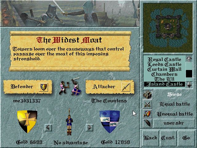 Lords of the Realm II: Siege Pack (Windows) screenshot: Siege against several types of fortifications - Island Castle