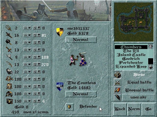 Lords of the Realm II: Siege Pack (Windows) screenshot: Siege controls for attacker/defender units types and weapons