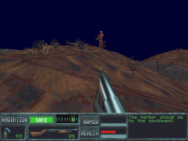 SkyNET (DOS) screenshot: Like a regular Terminator, a Terminator series T-600, carries a "hitscan" (meaning it hits the player instantly) machine gun but is covered with a synthetic latex skin.
