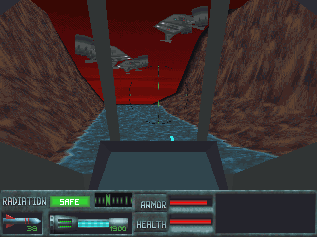 SkyNET (DOS) screenshot: When piloting the Hunter/Killer, you will have to negotiate different areas, like this canyon. A good place for some enemy Hunter/Killer Scouts to ambush you.