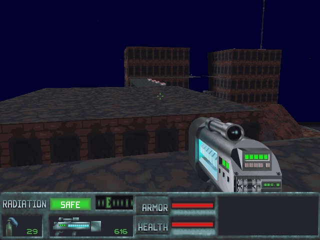 SkyNET (DOS) screenshot: Hmmm, seems like there is indeed a walkway around those buildings. Worth investigating. There are some items (health) to pick up on the way. Good jumping skill is important here.