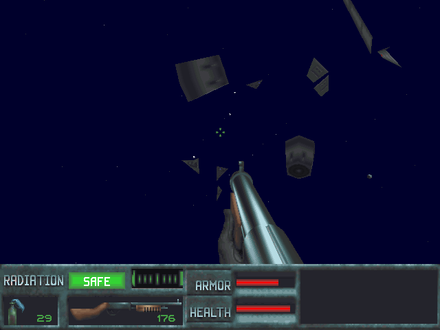 SkyNET (DOS) screenshot: Enemies are a threat even when they die because their debris are physical objects that can hurt you. This is especially true with flying enemies whose debris often fall upon you.