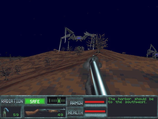 SkyNET (DOS) screenshot: The Spiderbot, thanks to its mechanical legs, has an excellent mobility on uneven grounds and can walk over some obstacles that other enemies have to skirt round.