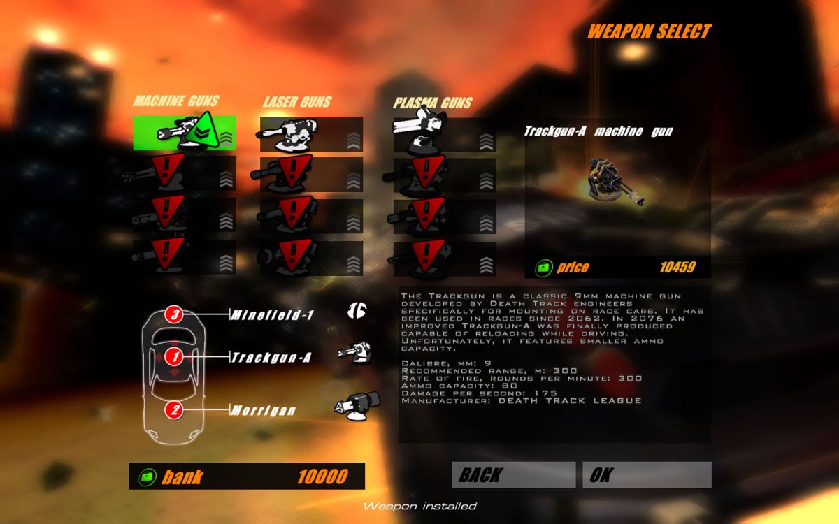 Death Track: Resurrection (Windows) screenshot: Choose one of the available primary weapons or upgrade to a better model