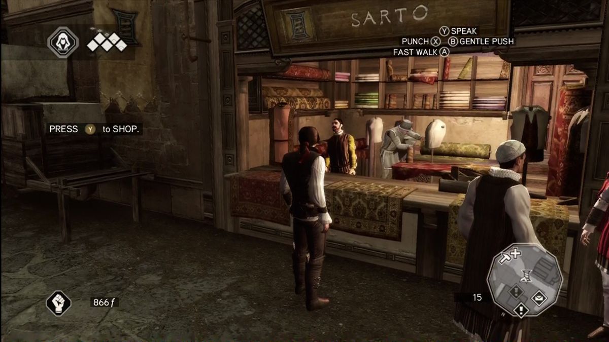 Assassin's Creed II (Xbox 360) screenshot: Shops exist around town that sell everything from weapons to paintings for your home.
