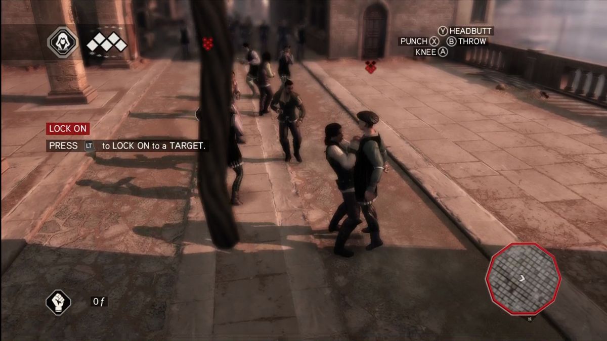 Assassin's Creed II (Xbox 360) screenshot: You can grab individual enemies to lock them up in fights.