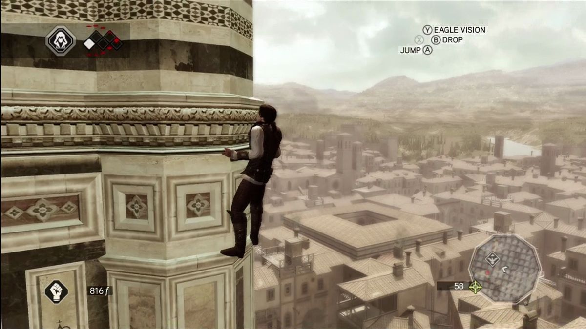 Assassin's Creed II (Xbox 360) screenshot: Climbing high.