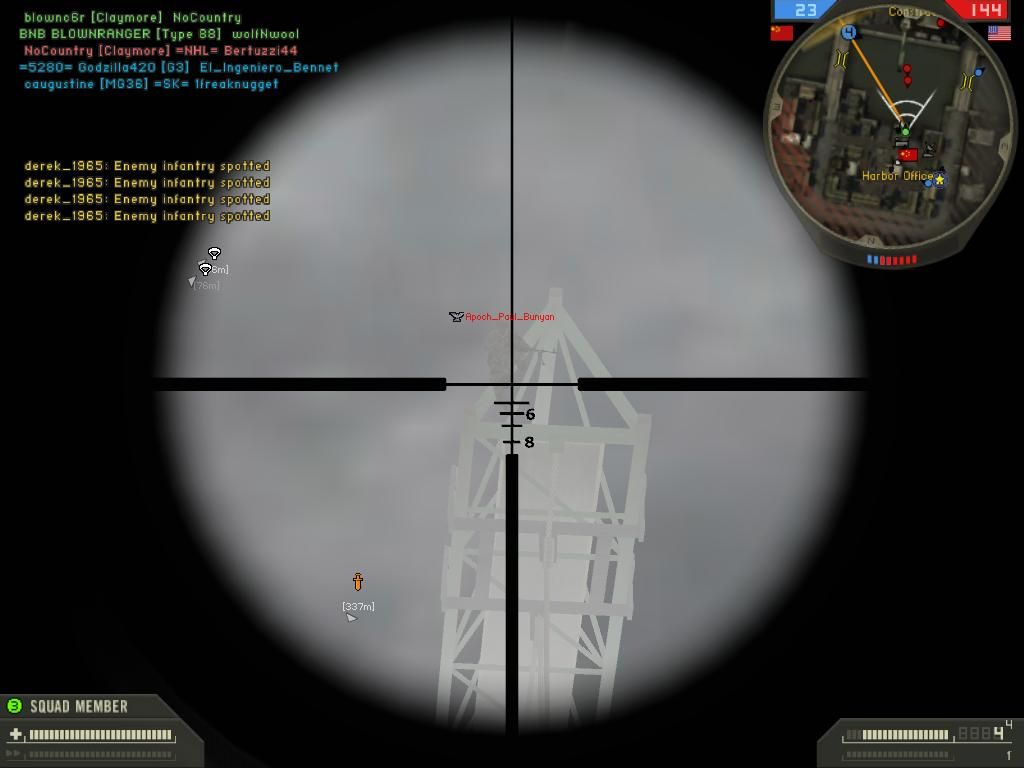 Battlefield 2 (Windows) screenshot: Blue Pearl-Support leaping to parachute into back base
