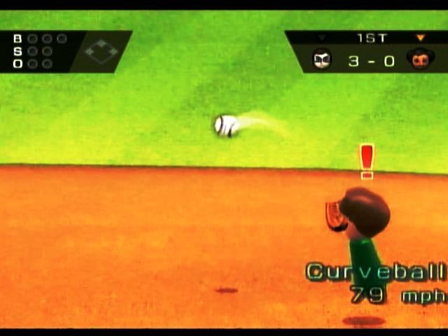 Wii Sports (Wii) screenshot: Line drive and your teammate drops the ball (notice the ! over his head) error!