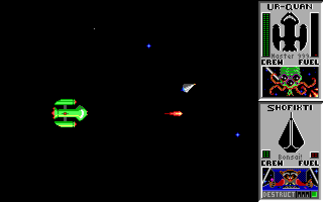Star Control (DOS) screenshot: The Ur-Quan Dreadnought is the undisputed king of the spaceways (MCGA/VGA)