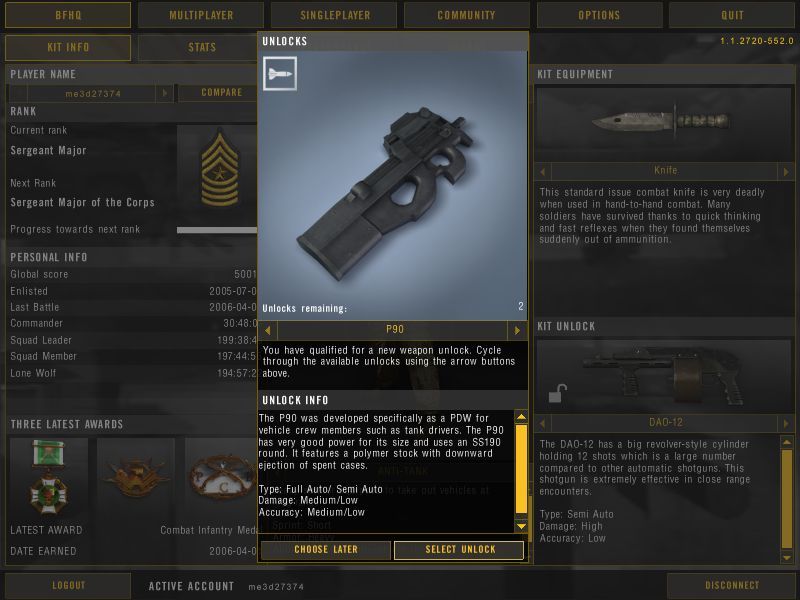 Battlefield 2 (Windows) screenshot: Rank up unlocks P90