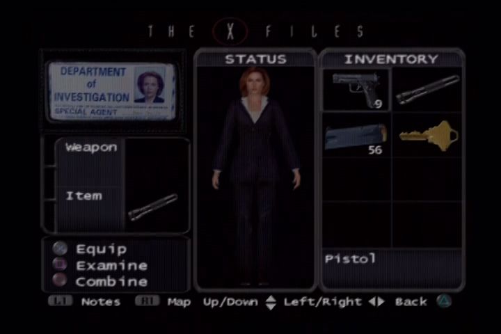 The X-Files: Resist or Serve (PlayStation 2) screenshot: Inventory screen.