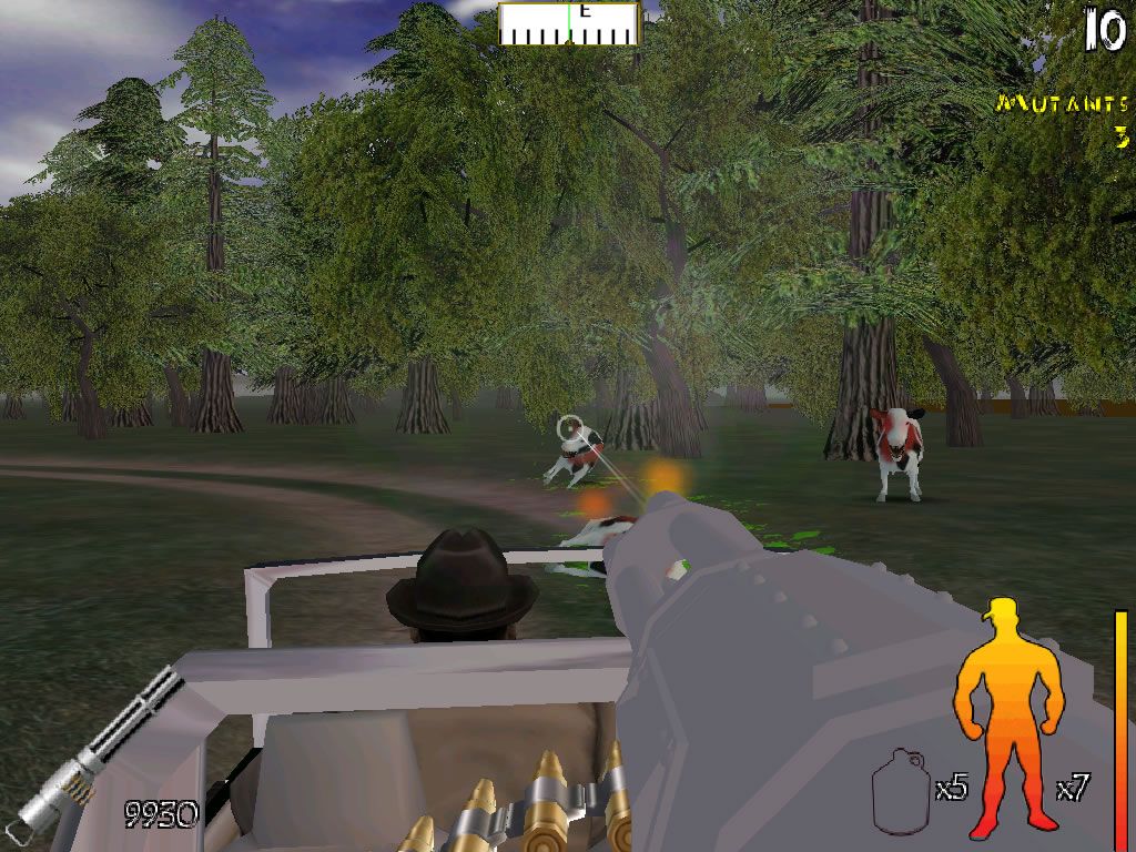 Country Justice: Revenge of the Rednecks (Windows) screenshot: Shooting mutated animals from the back of the sherriff's truck.
