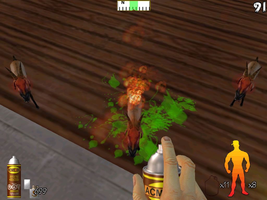 Country Justice: Revenge of the Rednecks (Windows) screenshot: Using a custom flame-thrower to get past some goats