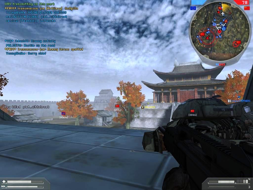 Battlefield 2: Booster Pack - Euro Force (Windows) screenshot: GreatWall-Dispatched PLA soldier trying to take flag at the pagoda buildings