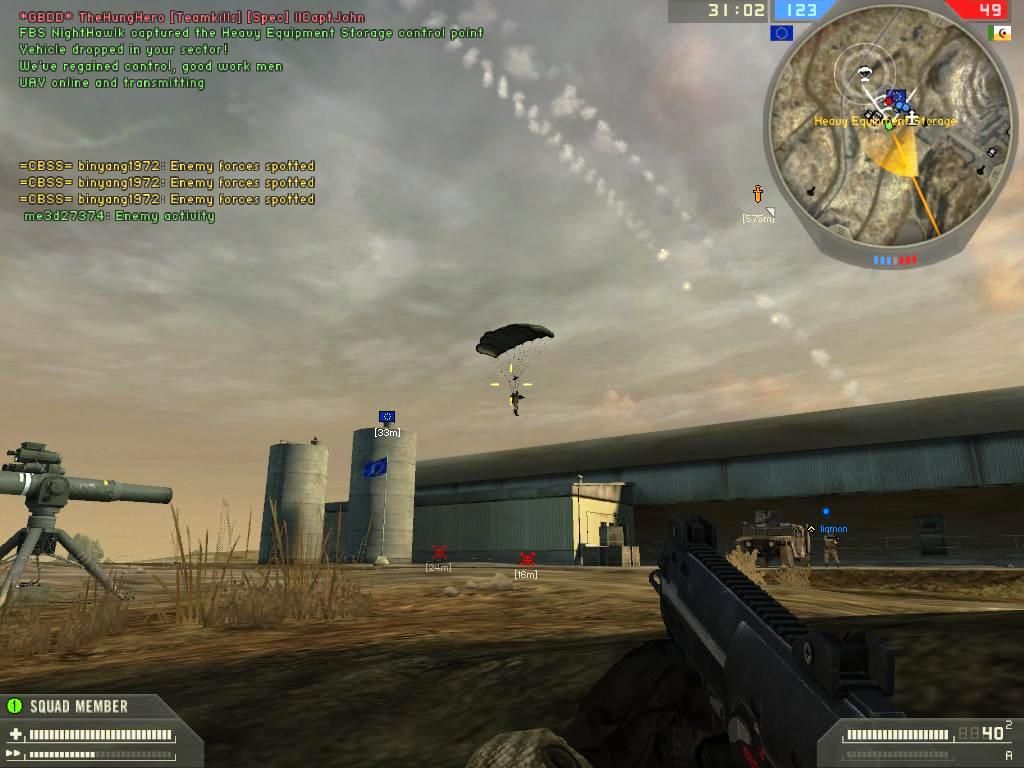 Battlefield 2: Booster Pack - Euro Force (Windows) screenshot: TarabaQuarry-MEC pilot bailout from Mig-29 (see flares from plane) landing on building in an attempt to take flag point team mate spots him