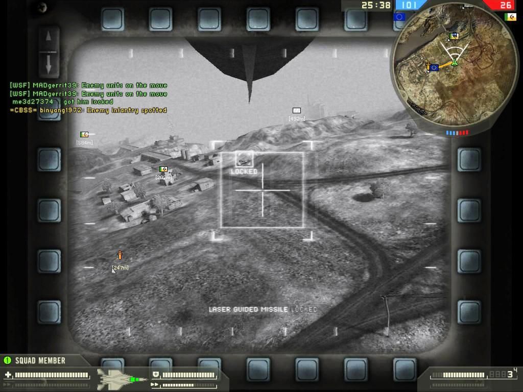 Battlefield 2: Booster Pack - Euro Force (Windows) screenshot: TarabaQuarry-From F15 fighter/bomber Laser guided missile shot on MEC Anti-Air (locked)…. Boom!