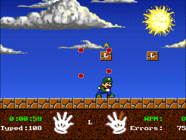 Mario Teaches Typing 2 (Windows) screenshot: If you type correctly and fast enough, your character will move forward, translating your good performance but leaving you less time to read the next letters and thus increasing the challenge.