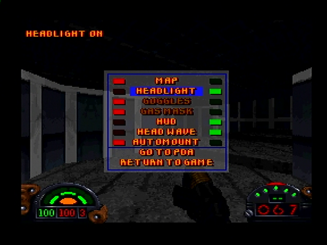 Star Wars: Dark Forces (PlayStation) screenshot: A menu on the select buttons toggles items on/off.