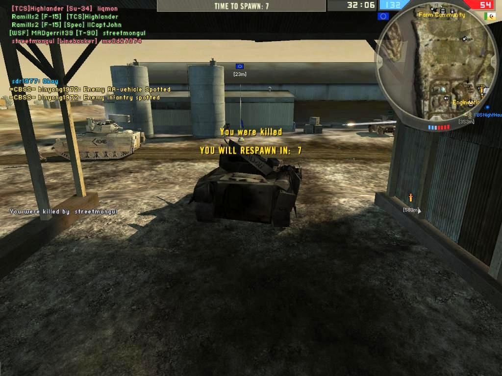 Battlefield 2: Booster Pack - Euro Force (Windows) screenshot: TarabaQuarry-Team mate dispatches enemy Linebacker with SRAW shot streaking from right