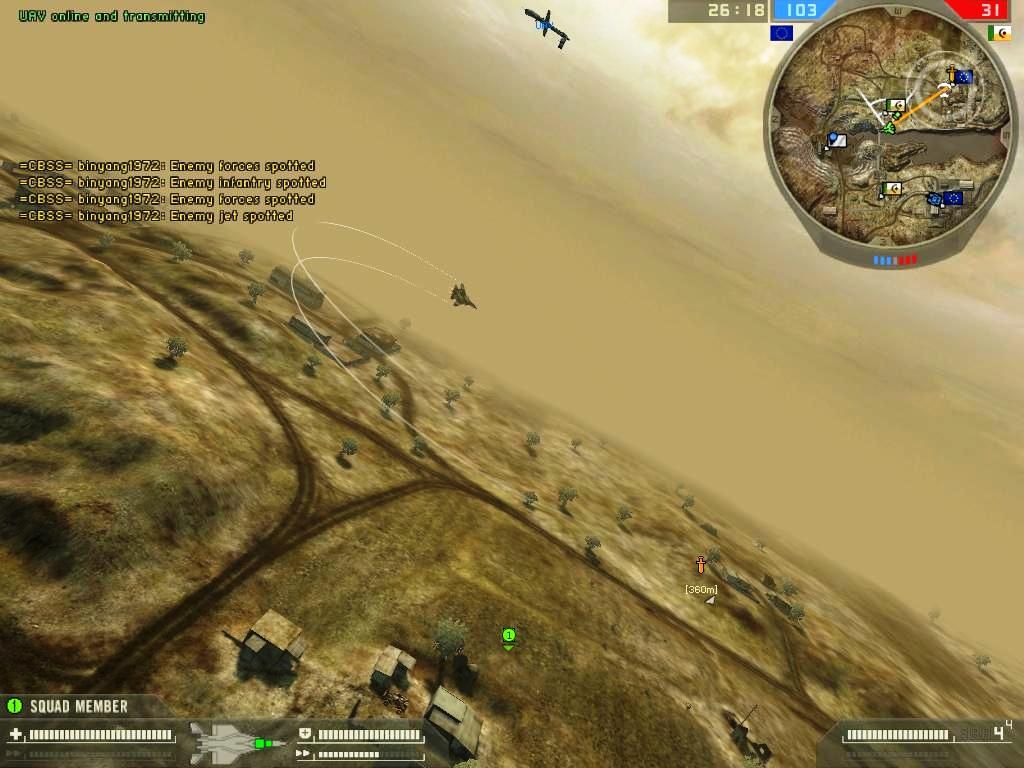 Battlefield 2: Booster Pack - Euro Force (Windows) screenshot: TarabaQuarry-Team mate F15 pilot spiraling down after MEC Mig-29 the MEC pilot is trying to use his camouflage to egress away