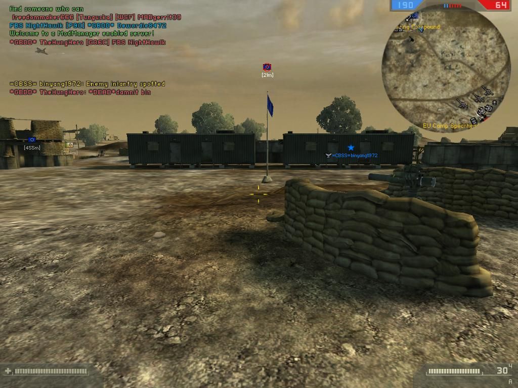 Battlefield 2: Booster Pack - Euro Force (Windows) screenshot: TarabaQuarry-Commander at EU base with air threat overhead