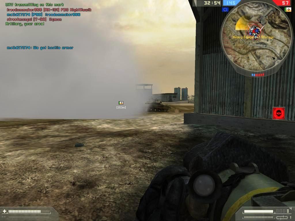 Battlefield 2: Booster Pack - Euro Force (Windows) screenshot: TarabaQuarry-One SRAW hit on MEC tank he is evading a second by popping smoke