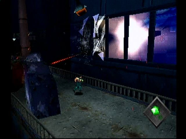 One (PlayStation) screenshot: Opening with a bang! A helicopter strafes the building as you flee.