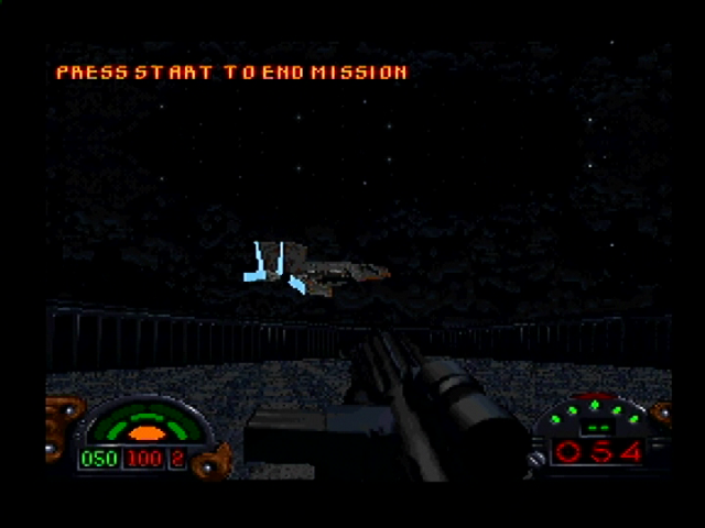 Star Wars: Dark Forces (PlayStation) screenshot: Textured 3-D object appear, such as your ship arriving to pick you up.