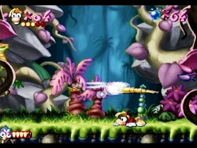 Rayman (SEGA Saturn) screenshot: Battle the Boss Mosquito must get 5 punches in to defeat