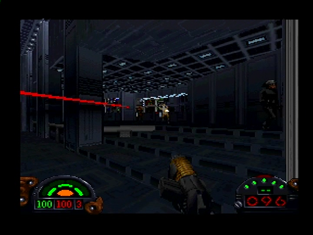 Star Wars: Dark Forces (PlayStation) screenshot: Surprising some guards.