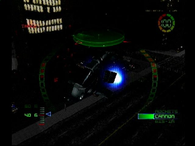 G-Police (PlayStation) screenshot: Flying by on the drop camera setting.