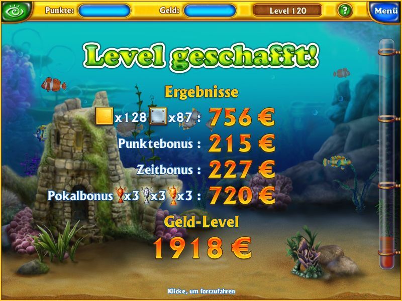 Fishdom (Windows) screenshot: Money, money, money. Note that you get more money after winning prices.