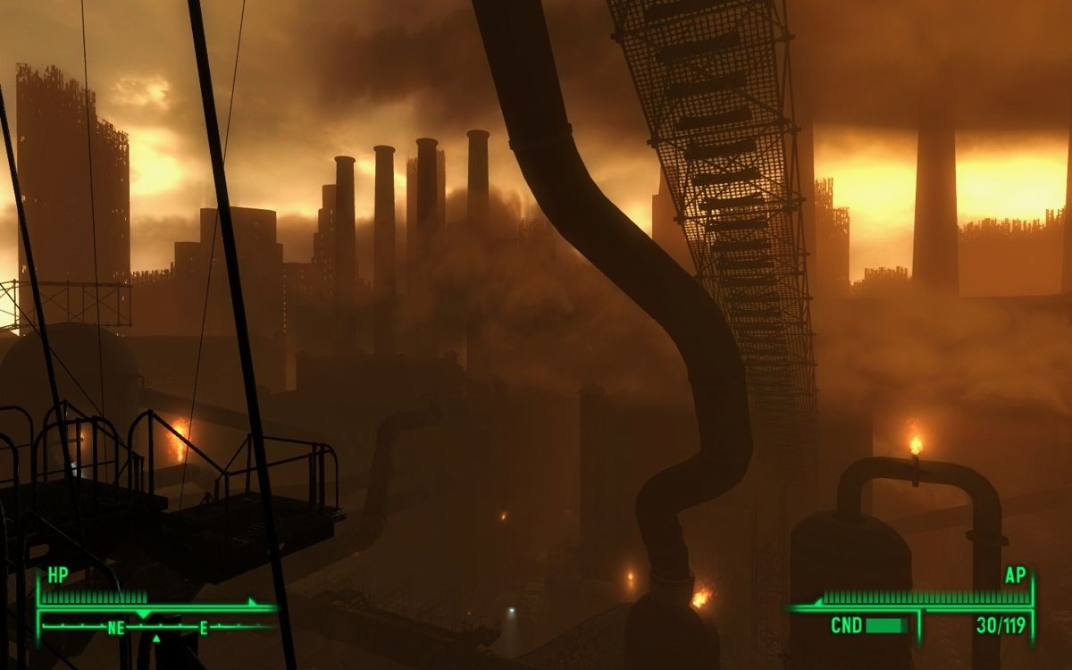 Fallout 3: The Pitt (Windows) screenshot: Smoggy skyline. Bit of a Blade Runner feel about it.