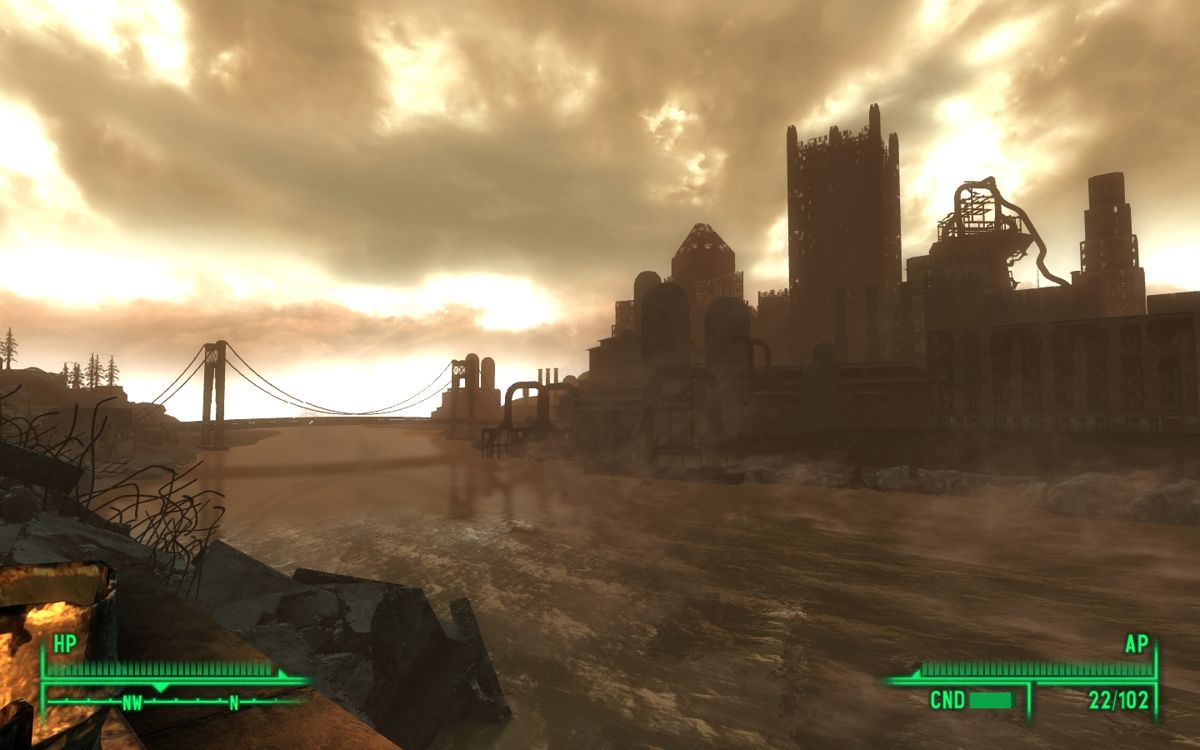 Fallout 3: The Pitt (Windows) screenshot: South shore of the Monongahela River, looking toward the remains of downtown.
