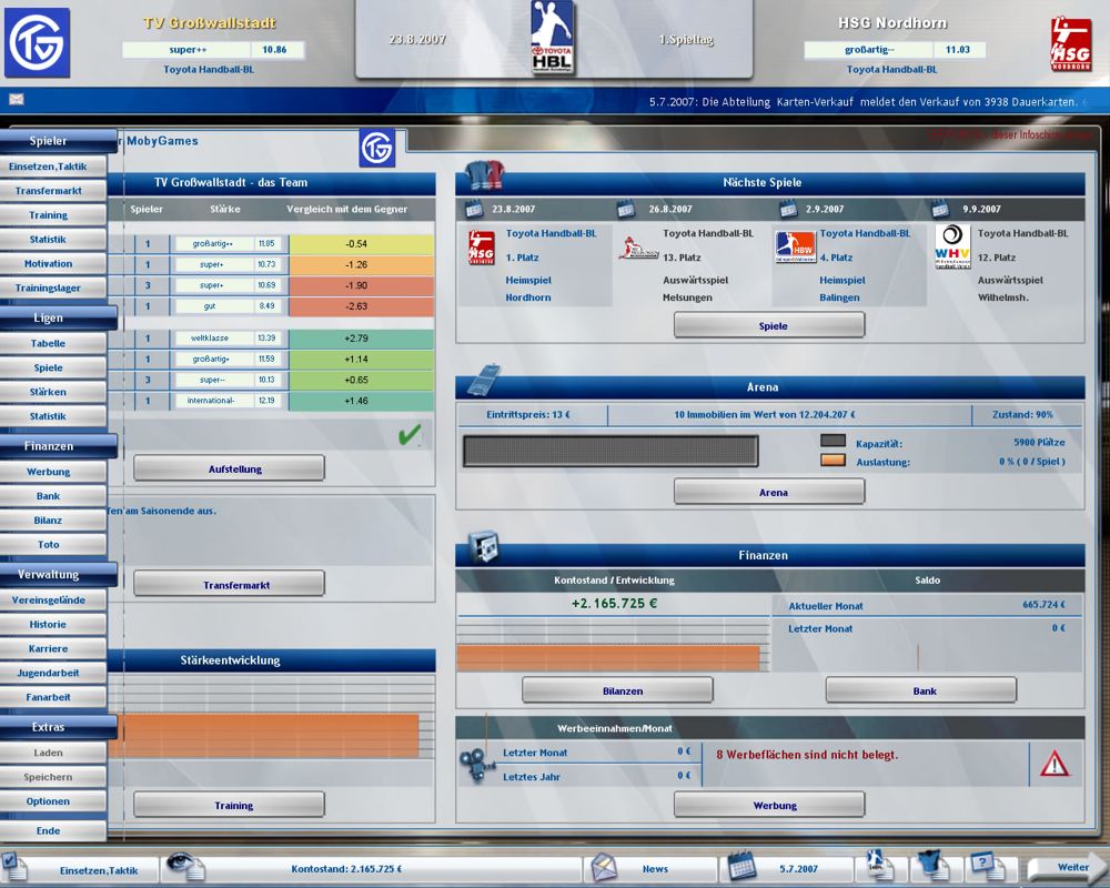 Heimspiel: Handballmanager 2008 (Windows) screenshot: The menus are reached through the bar on the left (demo version)