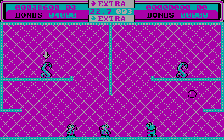 Helter Skelter (DOS) screenshot: The arrow indicates your next target (CGA)