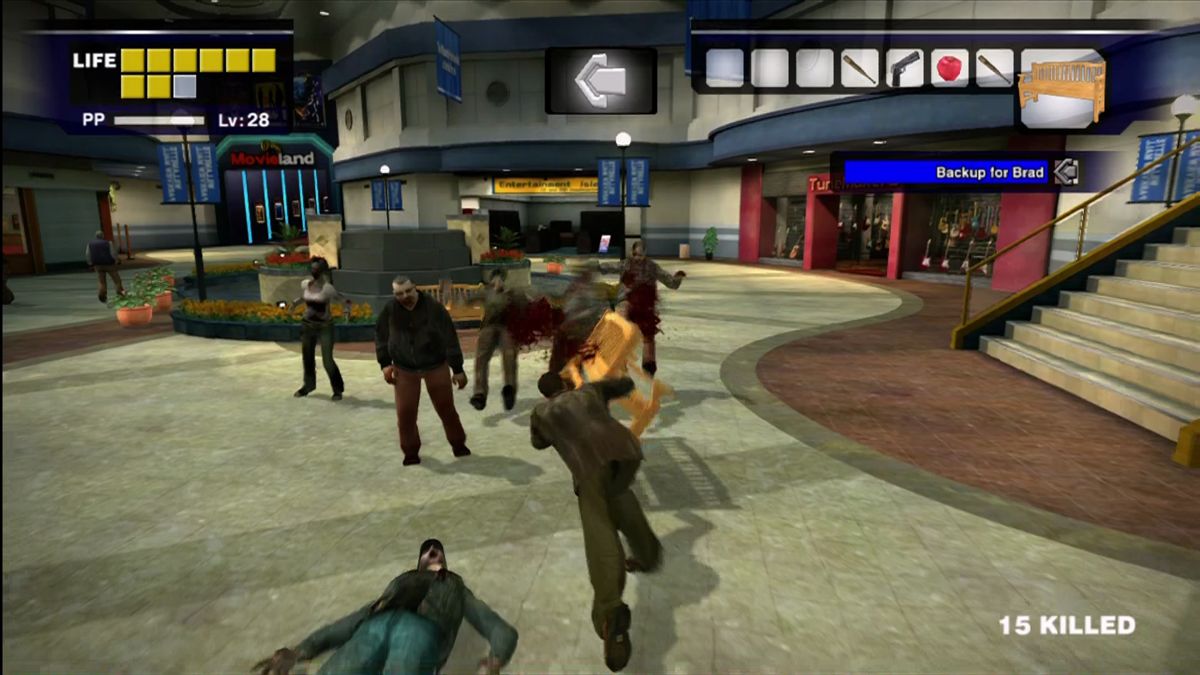 Dead Rising (Xbox 360) screenshot: Use a park bench to plow a path.